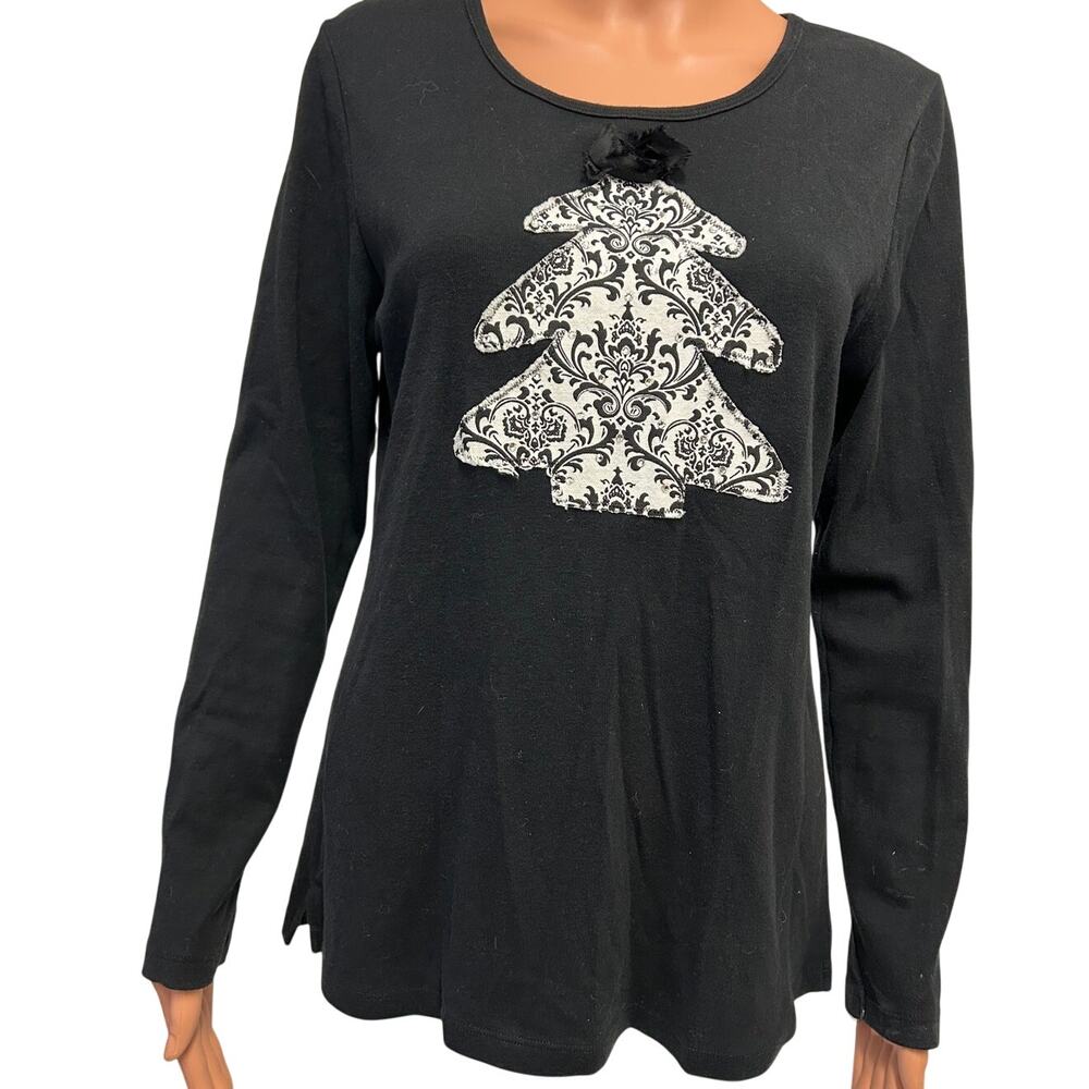 Kavio long sleeve Christmas top white & black damask pattern Christmas tree